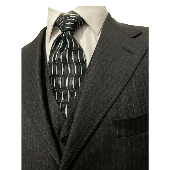 CANALI Men's Two Piece Sports Coat Vest Charcoal Gray Orange Striped Size 44 L - Picture 4 of 11